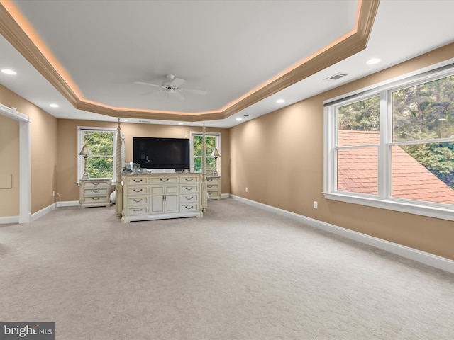 6 Jarretts Ct, Reisterstown, MD 21136 - unfurnished living room featuring a raised ceiling, a ceiling fan, light carpet, and recessed lighting