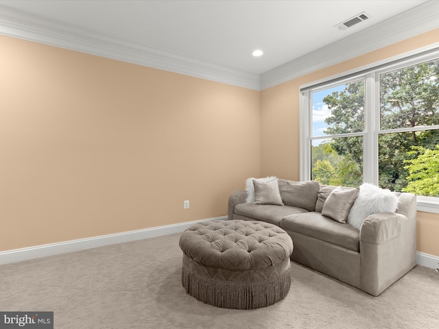 6 Jarretts Ct, Reisterstown, MD 21136 - living area featuring light colored carpet, ornamental molding, and recessed lighting