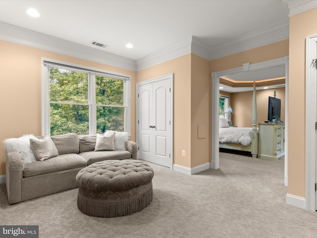 6 Jarretts Ct, Reisterstown, MD 21136 - living area featuring ornamental molding, carpet flooring, and recessed lighting