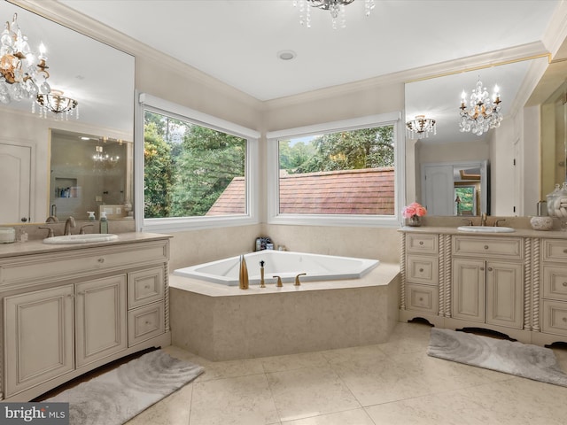 6 Jarretts Ct, Reisterstown, MD 21136 - bathroom featuring a chandelier, two vanities, a garden tub, tile patterned floors, and ornamental molding