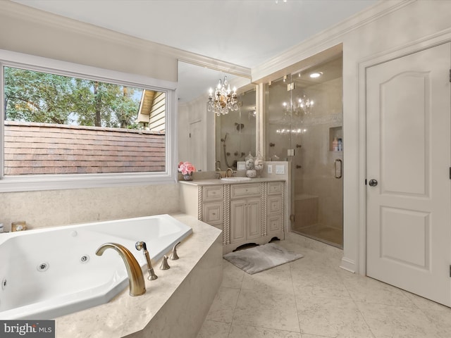 6 Jarretts Ct, Reisterstown, MD 21136 - bathroom featuring vanity, a stall shower, a chandelier, a jetted tub, and crown molding