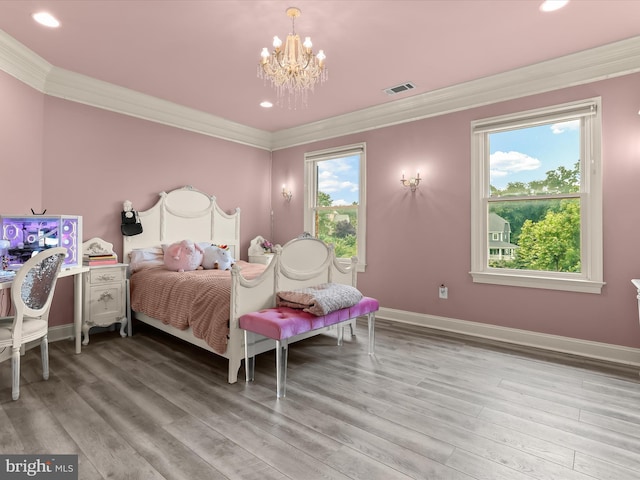6 Jarretts Ct, Reisterstown, MD 21136 - bedroom with crown molding, a chandelier, wood finished floors, and recessed lighting
