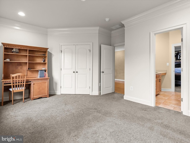 6 Jarretts Ct, Reisterstown, MD 21136 - unfurnished office with light carpet, ornamental molding, and recessed lighting