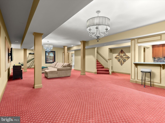 6 Jarretts Ct, Reisterstown, MD 21136 - finished below grade area featuring carpet floors, a chandelier, and stairway