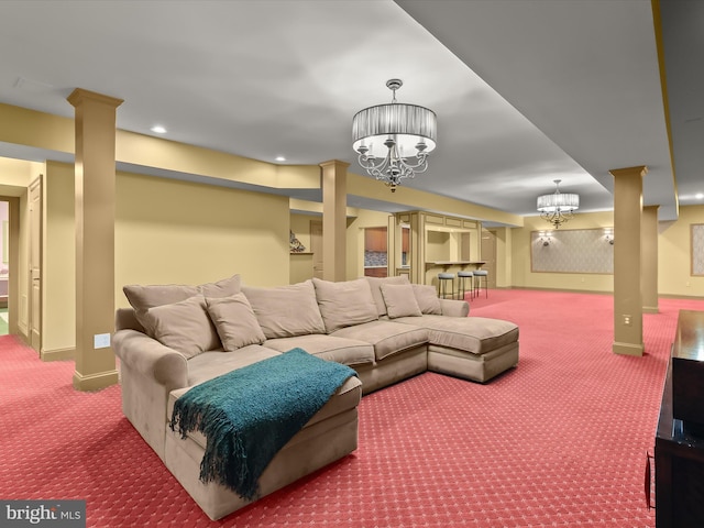 6 Jarretts Ct, Reisterstown, MD 21136 - living room with carpet flooring, a chandelier, and decorative columns
