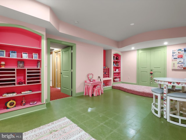 6 Jarretts Ct, Reisterstown, MD 21136 - game room with tile patterned floors, built in shelves, and recessed lighting