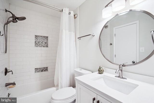 bathroom with toilet, shower / bathtub combination with curtain, and vanity