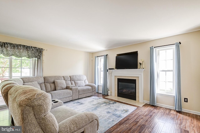 living area featuring baseboards, a fireplace with flush hearth, and wood finished floors