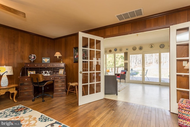 5983 Labs Run Ln, Penn Laird, VA 22846 - office featuring french doors, visible vents, wood walls, wood finished floors, and ornamental molding
