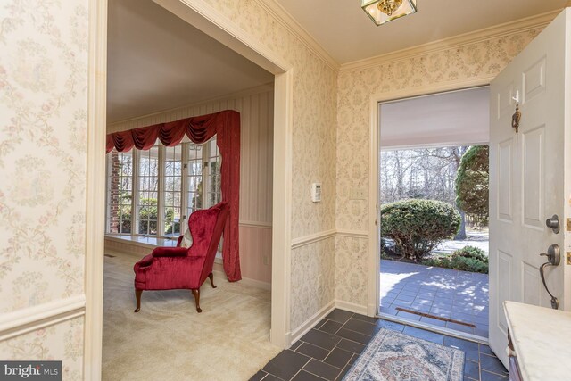 5983 Labs Run Ln, Penn Laird, VA 22846 - foyer featuring crown molding, dark tile patterned floors, wallpapered walls, and baseboards