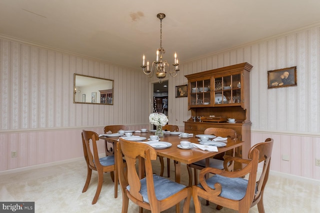 5983 Labs Run Ln, Penn Laird, VA 22846 - dining area featuring an inviting chandelier, crown molding, a wainscoted wall, and light colored carpet