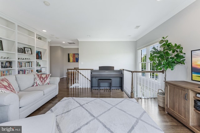 living area featuring crown molding, recessed lighting, visible vents, and wood finished floors