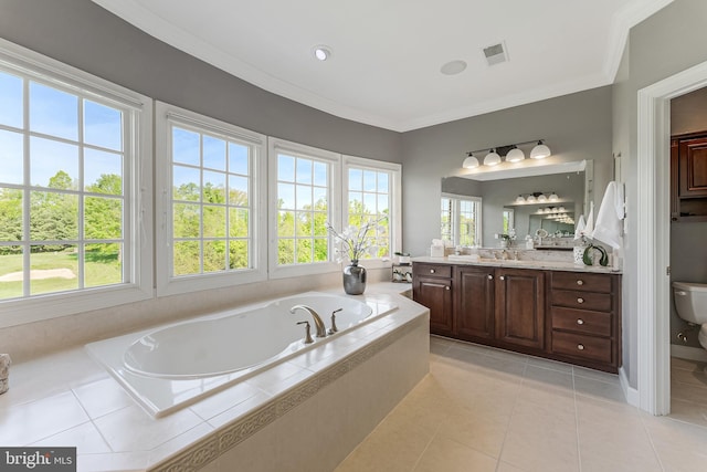 full bathroom featuring vanity, toilet, tile patterned floors, visible vents, and a bath
