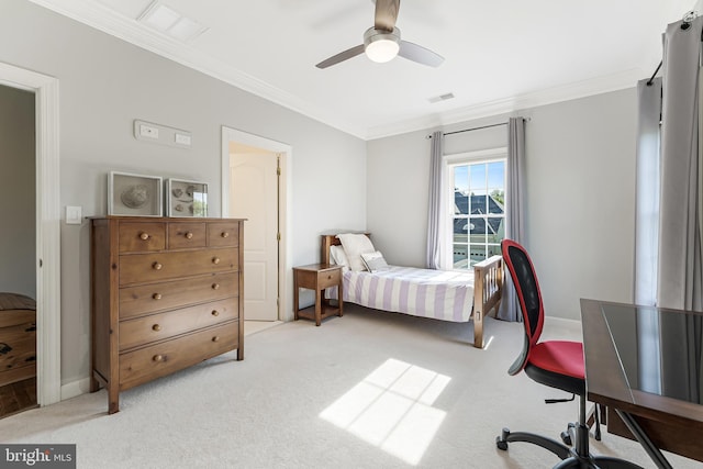 bedroom featuring crown molding, light carpet, a ceiling fan, baseboards, and visible vents