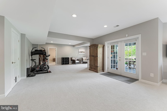 workout area with recessed lighting, baseboards, french doors, and carpet flooring