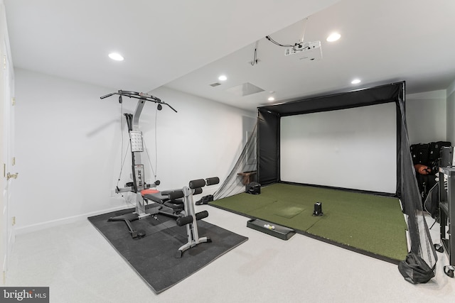 workout area featuring recessed lighting, baseboards, carpet, and golf simulator