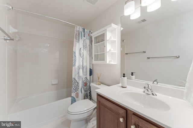 full bath with vanity, shower / bathtub combination with curtain, toilet, and visible vents