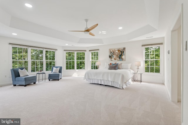8810 Primula Dr, Laytonsville, MD 20882 - bedroom featuring carpet floors, recessed lighting, baseboards, a tray ceiling, and a ceiling fan