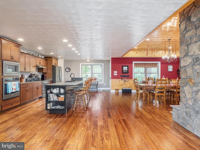 1996 Buck Mountain Rd, Bentonville, VA 22610 - kitchen with appliances with stainless steel finishes, light wood-style flooring, under cabinet range hood, a sink, and a chandelier