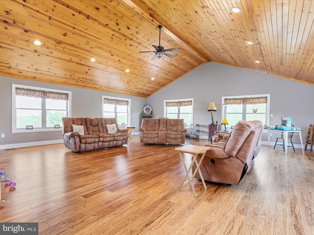 1996 Buck Mountain Rd, Bentonville, VA 22610 - living area featuring wood finished floors, healthy amount of natural light, wood ceiling, lofted ceiling, and ceiling fan