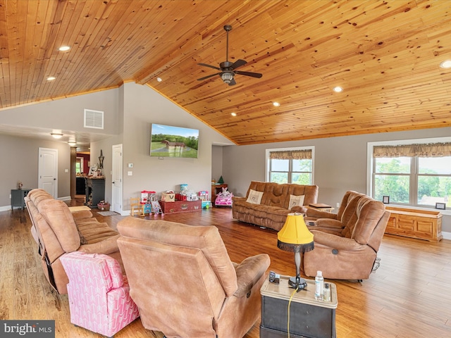 1996 Buck Mountain Rd, Bentonville, VA 22610 - living room with wooden ceiling, plenty of natural light, a ceiling fan, light wood-style flooring, and recessed lighting