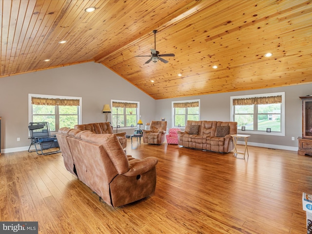 1996 Buck Mountain Rd, Bentonville, VA 22610 - living room featuring light wood-style floors, baseboards, a ceiling fan, wood ceiling, and lofted ceiling