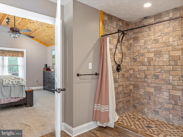 1996 Buck Mountain Rd, Bentonville, VA 22610 - full bath with baseboards, a ceiling fan, a tile shower, lofted ceiling, and connected bathroom