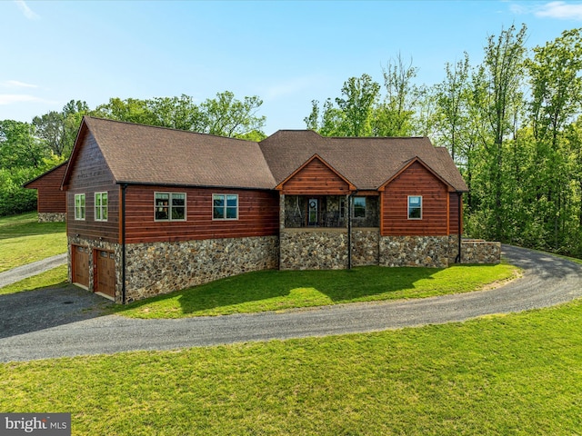 1996 Buck Mountain Rd, Bentonville, VA 22610 - view of front of property featuring asphalt driveway, stone siding, a garage, a front yard, and roof with shingles
