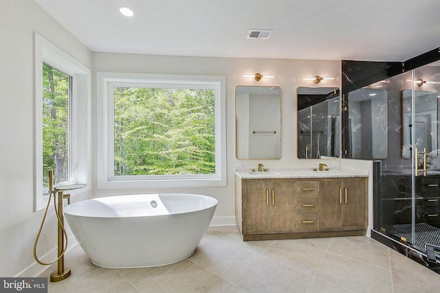 bathroom with visible vents, double vanity, plenty of natural light, and a shower stall