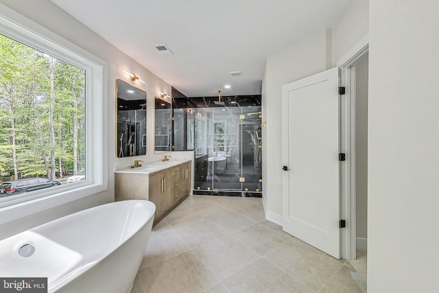 full bath featuring double vanity, plenty of natural light, a stall shower, and visible vents