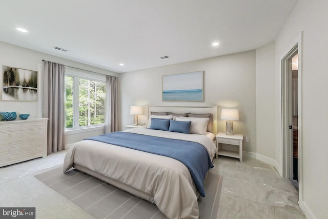 bedroom featuring baseboards, recessed lighting, and visible vents
