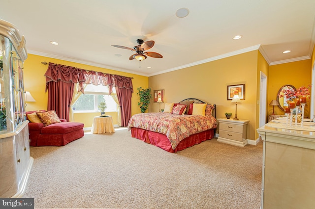 carpeted bedroom with recessed lighting, a ceiling fan, and crown molding