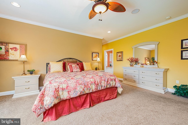 bedroom with crown molding, baseboards, recessed lighting, and carpet floors