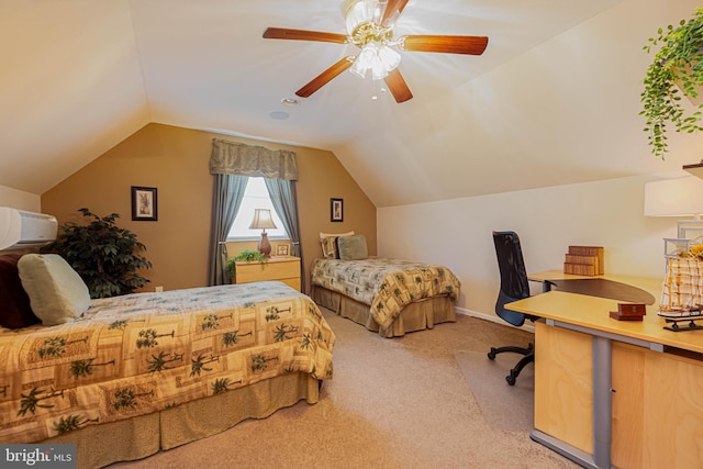 bedroom featuring a wall unit AC, carpet floors, ceiling fan, baseboards, and lofted ceiling