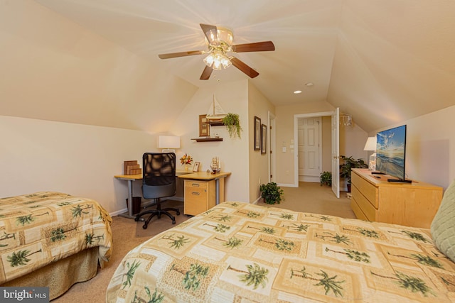 bedroom featuring lofted ceiling, ceiling fan, baseboards, and light carpet