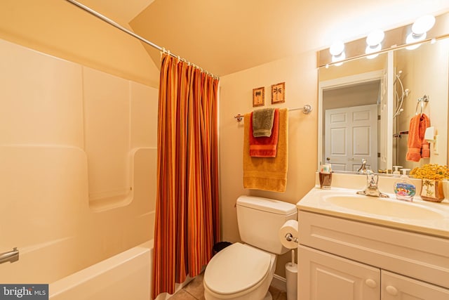 full bathroom with toilet, tile patterned flooring, shower / bath combo, and vanity