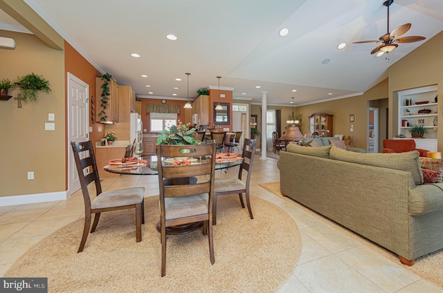 dining room featuring baseboards, recessed lighting, ceiling fan, and light tile patterned flooring