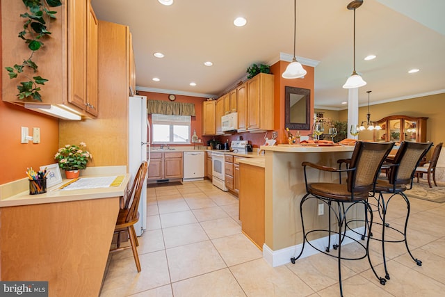 kitchen with recessed lighting, crown molding, a breakfast bar, a peninsula, and white appliances