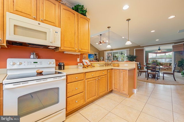 kitchen featuring light countertops, ceiling fan, a peninsula, and white appliances