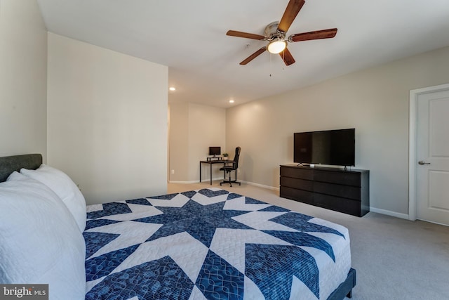 bedroom featuring ceiling fan, carpet flooring, and recessed lighting