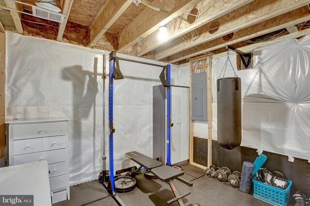 unfinished basement with visible vents and electric panel