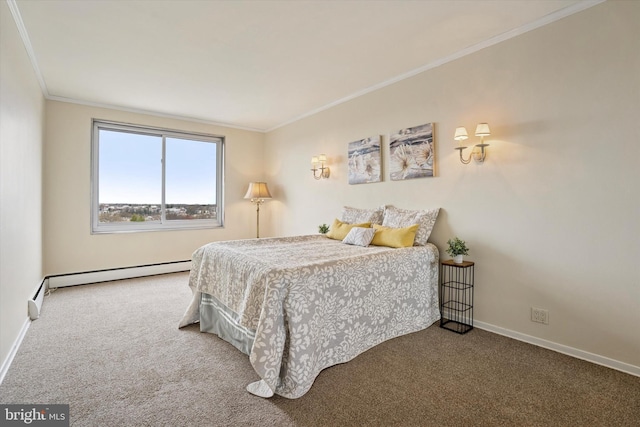 carpeted bedroom featuring baseboards, ornamental molding, and a baseboard heating unit