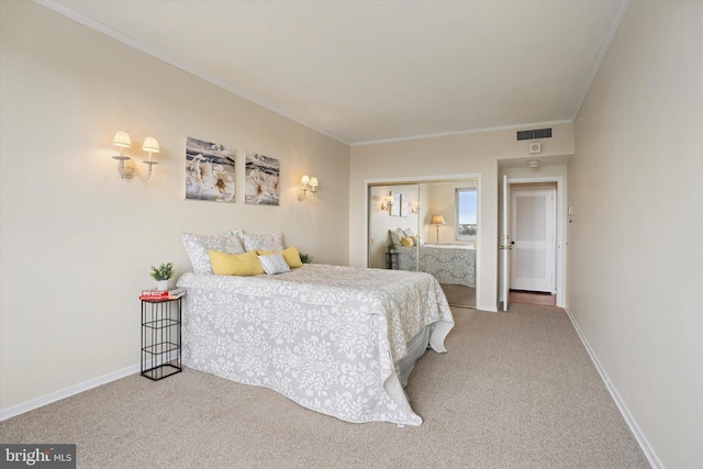 bedroom featuring baseboards, visible vents, ornamental molding, and carpet