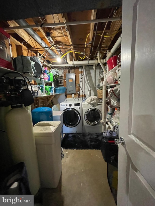 8807 Doug Dr, Nokesville, VA 20181 - clothes washing area with electric panel, laundry area, and washer and dryer