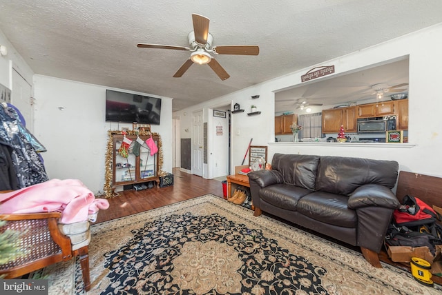 living room featuring ceiling fan, a textured ceiling, and wood finished floors