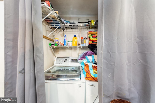 laundry room featuring laundry area, ornamental molding, and washer / dryer