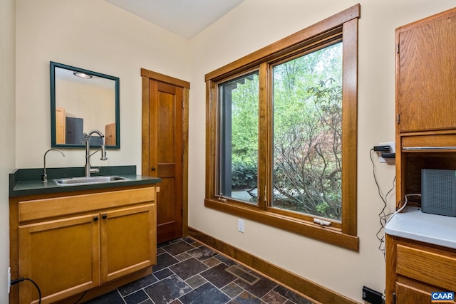 4547 Taylor Creek Rd, Afton, VA 22920 - interior space with brown cabinets, stone finish flooring, a sink, baseboards, and visible vents