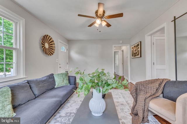 living area featuring plenty of natural light, ceiling fan, and baseboards