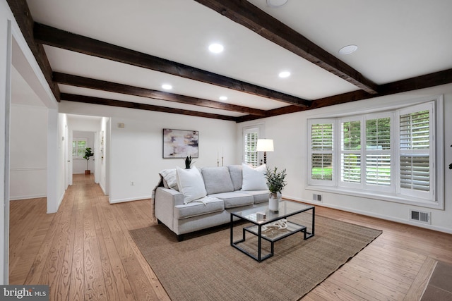 2407 Mare Ln, Oakton, VA 22124 - living room with light wood-style flooring, baseboards, beam ceiling, and recessed lighting
