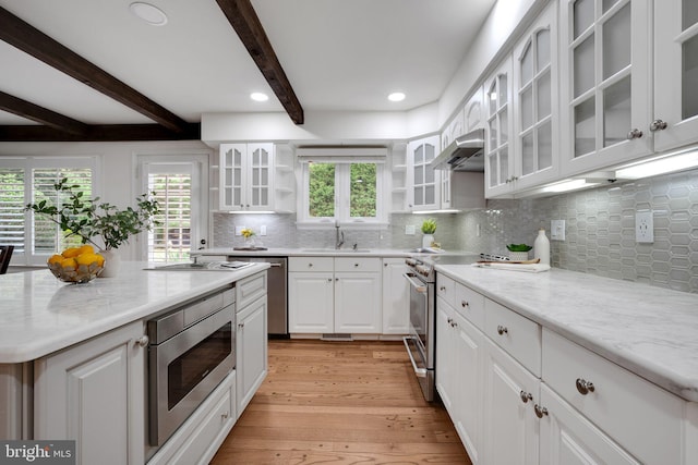 2407 Mare Ln, Oakton, VA 22124 - kitchen with stainless steel appliances, a sink, open shelves, beam ceiling, and white cabinets
